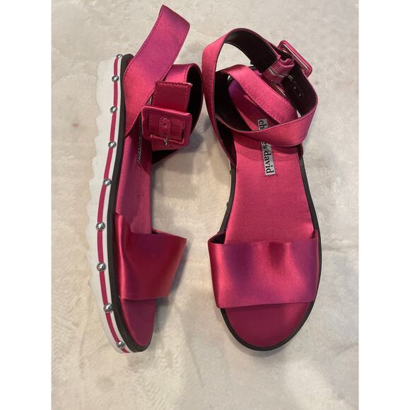 CHARLES DAVID Shimmy Satin Sandals 5.5 Ankle Strap Studs Berry Pink Fuchsia $169 - Picture 3 of 8
